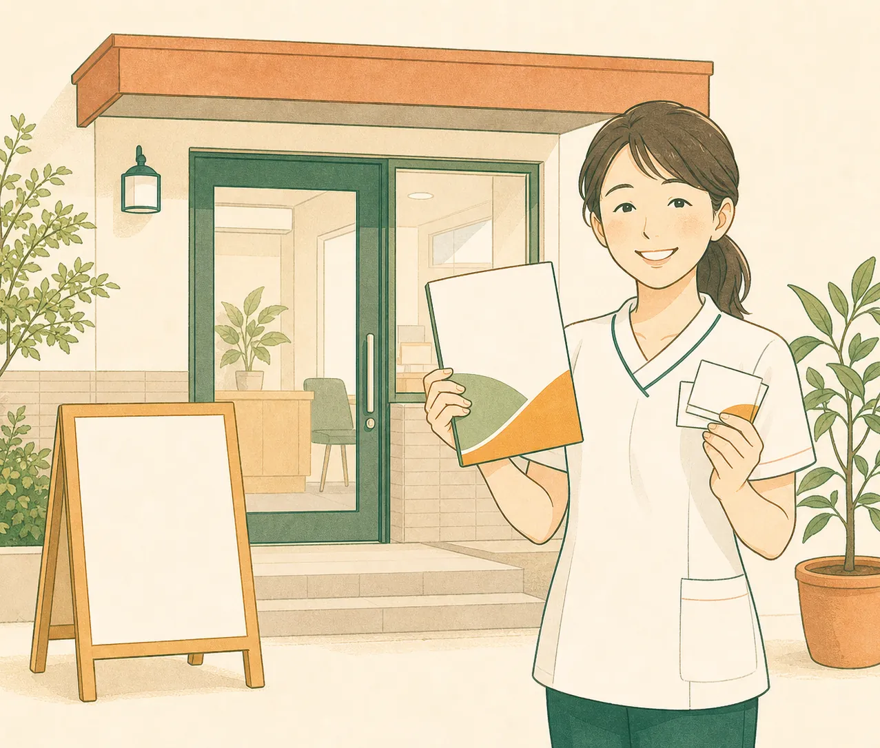 開業日の朝に訪問看護ステーションの入口前で晴れやかに立つ看護師